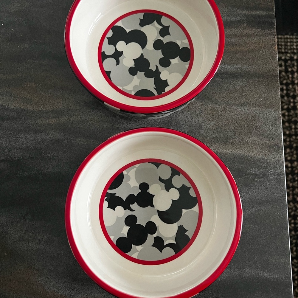 Disney Parks White Ceramic pet bowl set of 2 bowls. Discontinued print.